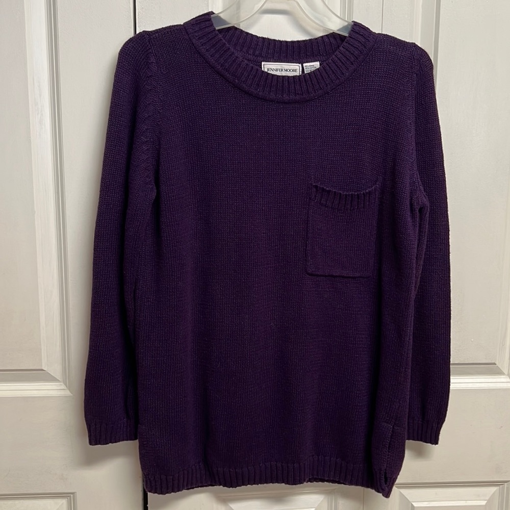 Jennifer Moore Dark Purple Long Sleeve Pocket Cotton Pull Over Sweater Size M